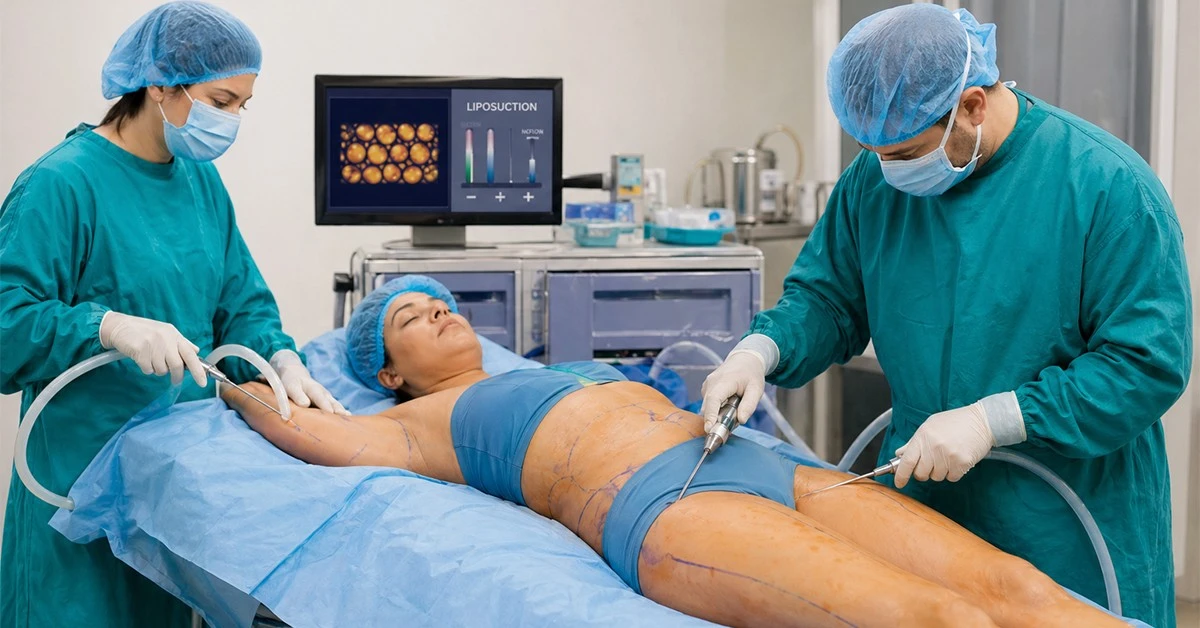 Surgeon performing liposuction procedure on patient's tummy, flanks, arms and thighs in a medical setting