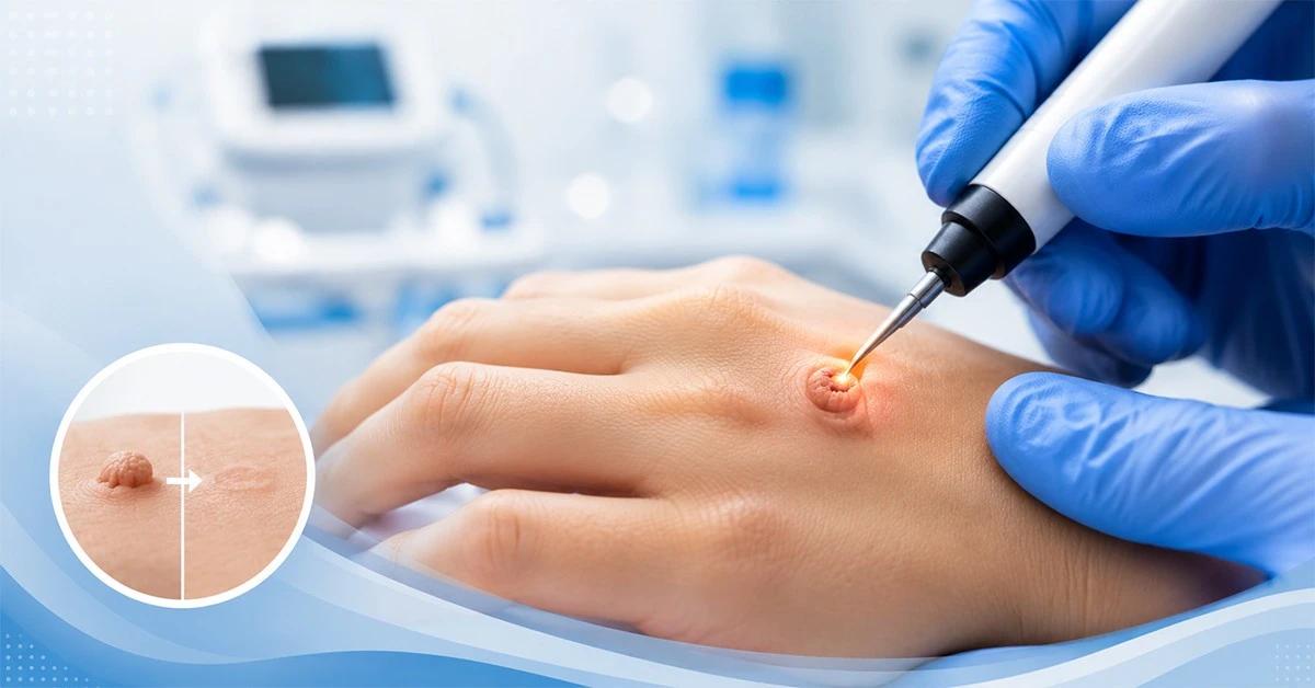 Dermatologist performing wart cauterization treatment for safe wart removal and smooth skin restoration
