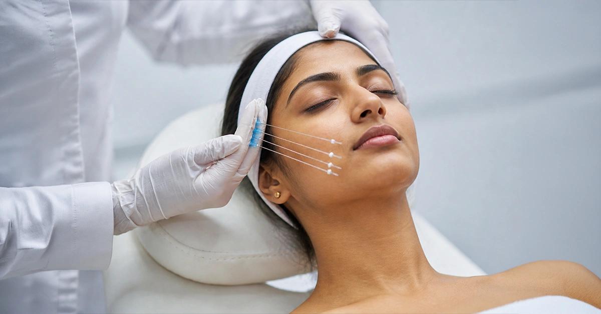 Thread lift procedure showing non-surgical facial lifting using PDO threads