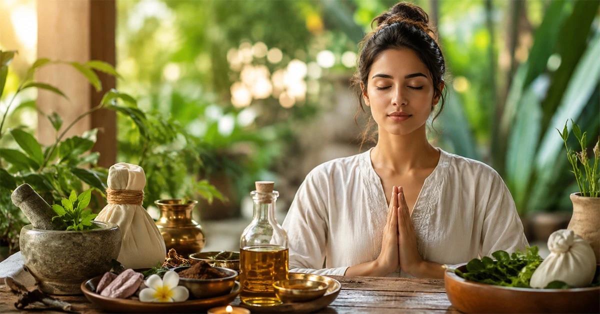 Person receiving Ayurvedic treatment for stress and anxiety with traditional herbal therapy in Kerala