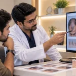 Doctor assessing hair transplant graft requirements and scalp density