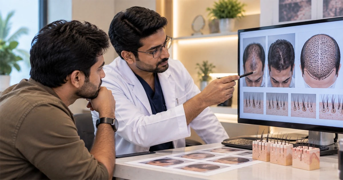 Doctor assessing hair transplant graft requirements and scalp density